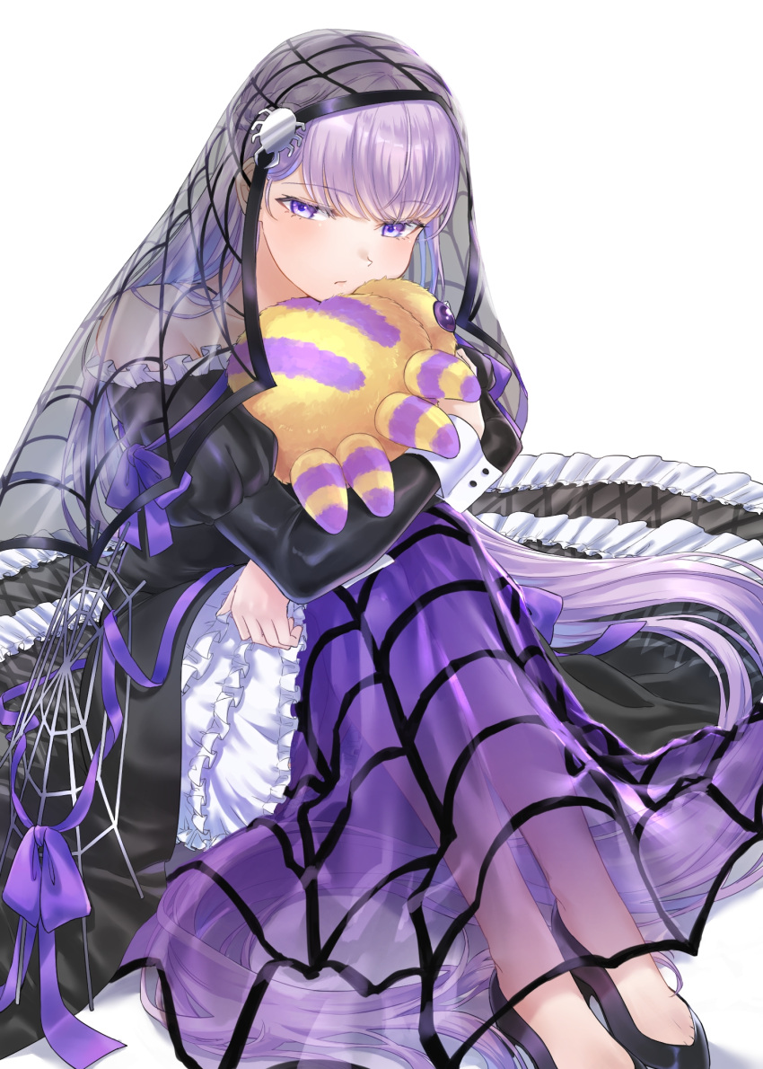 absurdly_long_hair bare_shoulders black_dress black_footwear dress female fire_emblem fire_emblem:_the_binding_blade fire_emblem_heroes frilled_dress frills high_heels highres hugging_object lolita_fashion long_dress long_hair long_sleeves looking_at_viewer official_alternate_costume puffy_sleeves purple_eyes purple_hair see-through see-through_dress simple_background sitting solo sophia_(fire_emblem) sophia_(halloween)_(fire_emblem) stuffed_animal stuffed_toy toe_cleavage tsukimura_(d24f4z8j3t) veil very_long_hair white_background wrist_cuffs