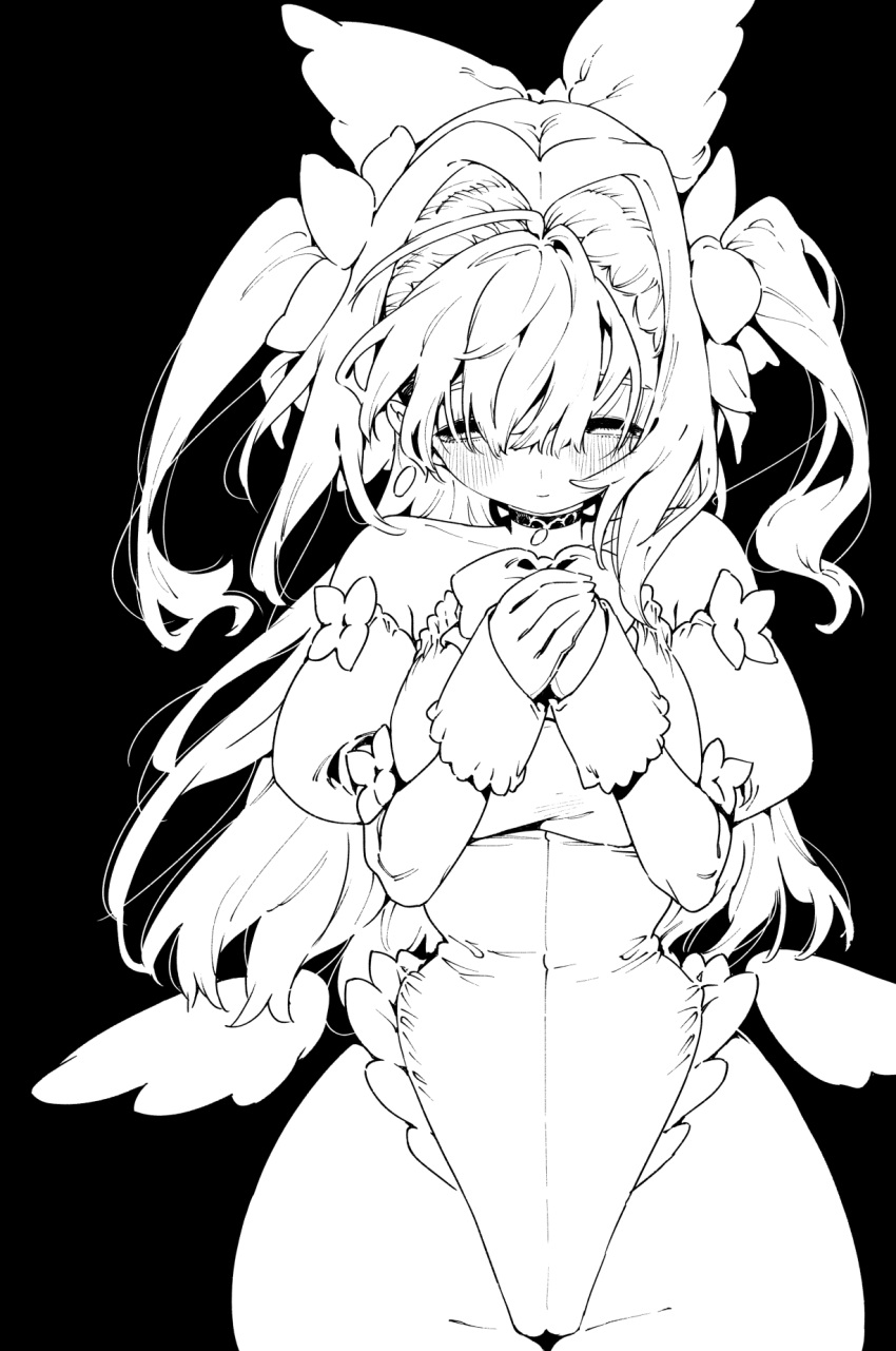 bare_shoulders blush bow breasts choker chomoran commentary_request expressionless female hairbow highleg highleg_leotard highres large_breasts leotard long_hair looking_down low_wings magical_girl monochrome original own_hands_together simple_background solo two_side_up wings