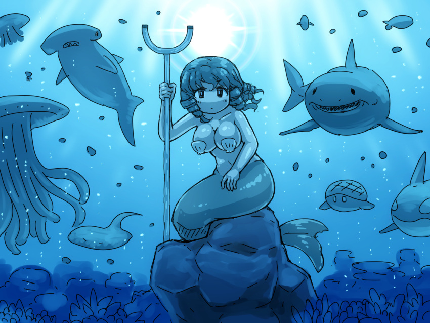 alternate_breast_size animal bare_arms bare_shoulders breasts closed_mouth collarbone commentary_request drill_hair female hammerhead_shark holding jellyfish large_breasts looking_at_viewer manta_ray mermaid monster_girl navel rock shark shell shell_bikini shirosato solo sunlight touhou underwater wakasagihime water