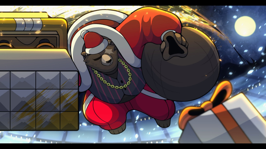 2023 anthro bear ben_bigger bottomwear brown_body brown_fur chain_necklace christmas christmas_clothing christmas_headwear clothing coat costume detailed_background eye_scar facial_scar falling fur gift gift_bag hat headgear headwear hi_res holidays imquitesleepy jewelry male mammal midair mihoyo moon necklace night overweight overweight_male pants red_bottomwear red_clothing red_coat red_pants red_topwear santa_claus santa_costume santa_hat scar snow solo topwear vest zenless_zone_zero