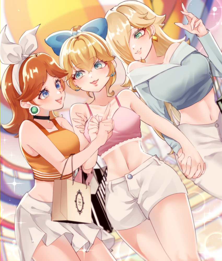 3girls absurdres alternate_costume bag bare_shoulders black_choker blonde_hair blue_bow blue_eyes bow breasts choker commentary cropped_shirt dated dutch_angle earrings green_eyes hair_over_one_eye hairband hairbow hand_up highres holding holding_bag holding_hands jewelry long_sleeves looking_at_another mario_(series) medium_breasts midriff miniskirt multiple_girls navel off-shoulder_shirt off_shoulder one_eye_covered open_mouth orange_hair orange_shirt parted_bangs pink_shirt princess_daisy princess_peach rosalina shirt shopping shopping_bag short_shorts shorts signature skirt sleeveless sleeveless_shirt smile spaghetti_strap sparkle twitter_username white_hairband white_shorts white_skirt yoshino_(q_sci)