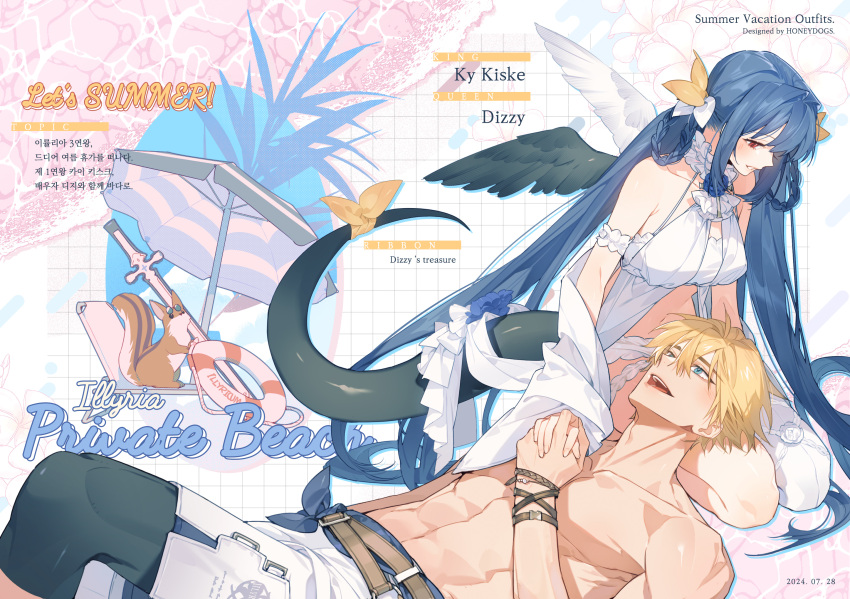 1boy abs alternate_costume asymmetrical_wings bare_shoulders bikini blonde_hair blue_eyes blue_hair breasts cleavage dizzy_(guilty_gear) female guilty_gear guilty_gear_strive hair_ribbon hair_rings highres honey_dogs husband_and_wife ky_kiske lap_pillow large_breasts long_hair navel pectorals red_eyes ribbon short_hair single_thighhigh swimsuit tail tail_ornament tail_ribbon thighhighs topless_male twintails wings yellow_ribbon