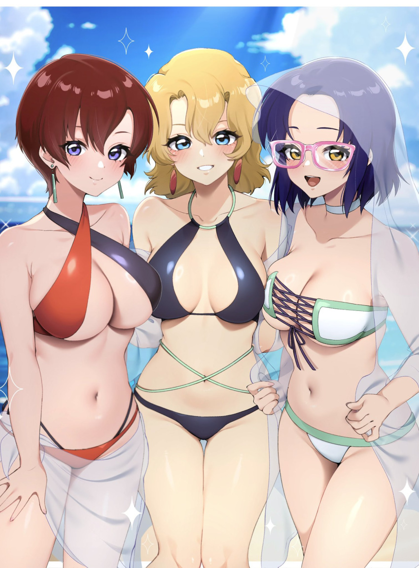 3girls asagi_caldwell beach bikini bikini_skirt black_bikini blonde_hair blue_eyes blue_hair blush breasts brown_hair campbell_xx day glasses gundam gundam_seed highres juri_wu_nien large_breasts long_hair looking_at_viewer mayura_labatt medium_breasts multiple_girls ocean official_alternate_costume open_mouth red_hair short_hair striped_bikini striped_clothes swimsuit two-tone_bikini white_bikini yellow_eyes