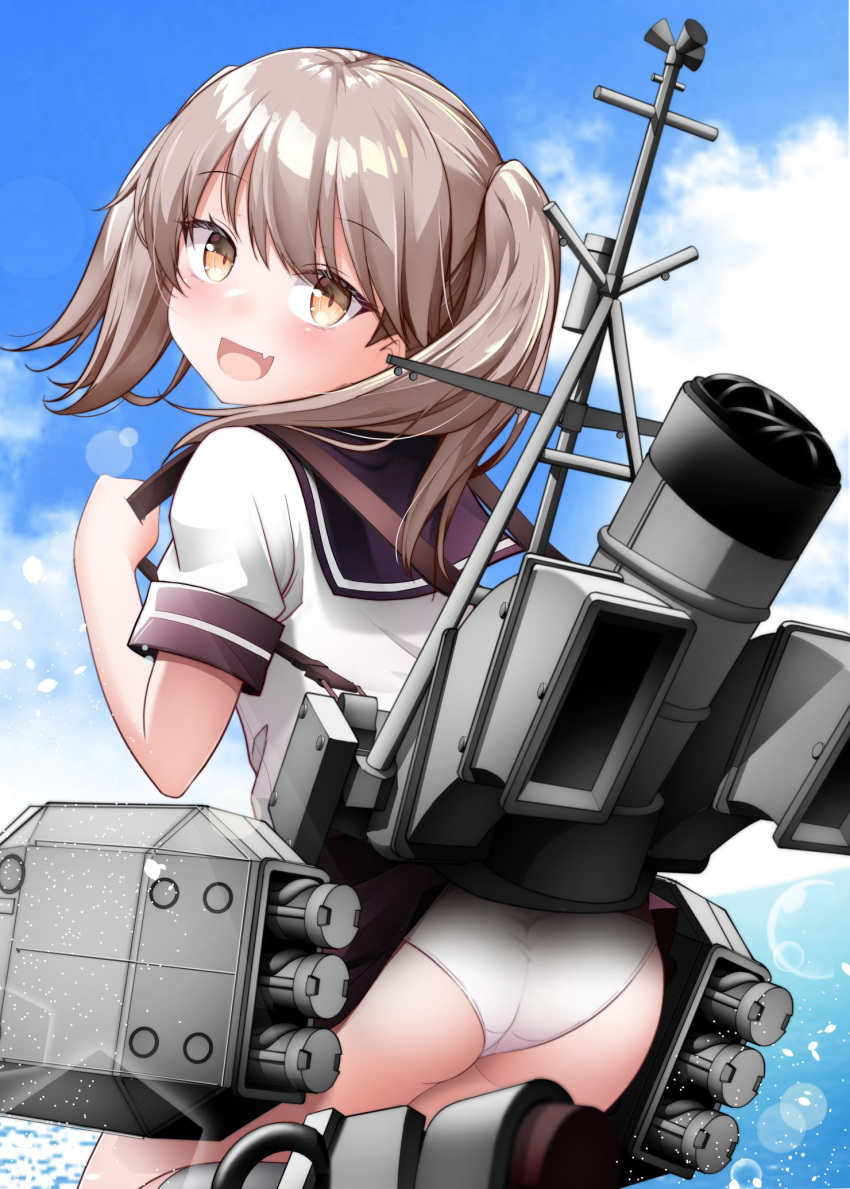 accidental_exposure ass ayanami_(kancolle) ayanami_(kancolle)_(cosplay) black_sailor_collar black_skirt blue_sky brown_eyes brown_hair cloud cosplay day female from_behind highres kantai_collection kirigakure_(kirigakure_tantei_jimusho) looking_at_viewer machinery miniskirt oerba_yun_fang panties ryuujou_(kancolle) sailor_collar skin_fang skirt skirt_caught_on_object sky smile smokestack solo torpedo_launcher underwear white_panties yellow_eyes