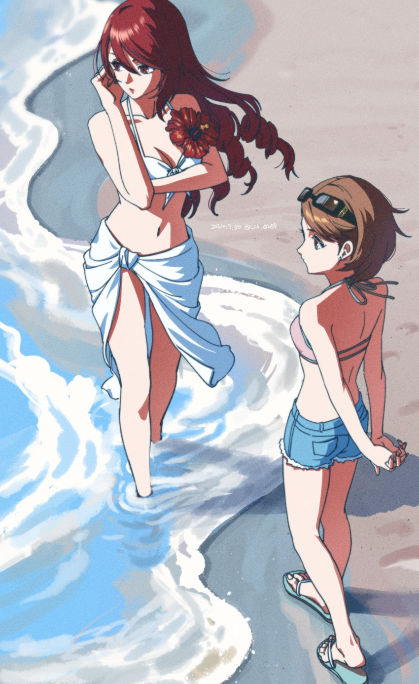 2girls beach bikini bikini_top_only breasts brown_hair cleavage corsage denim denim_shorts eyewear_on_head front-tie_bikini_top front-tie_top highres kirijou_mitsuru lcs_0209 multiple_girls persona persona_3 red_hair sandals sarong short_shorts shorts soaking_feet sunglasses swimsuit water white_bikini white_sarong yukari_takeba