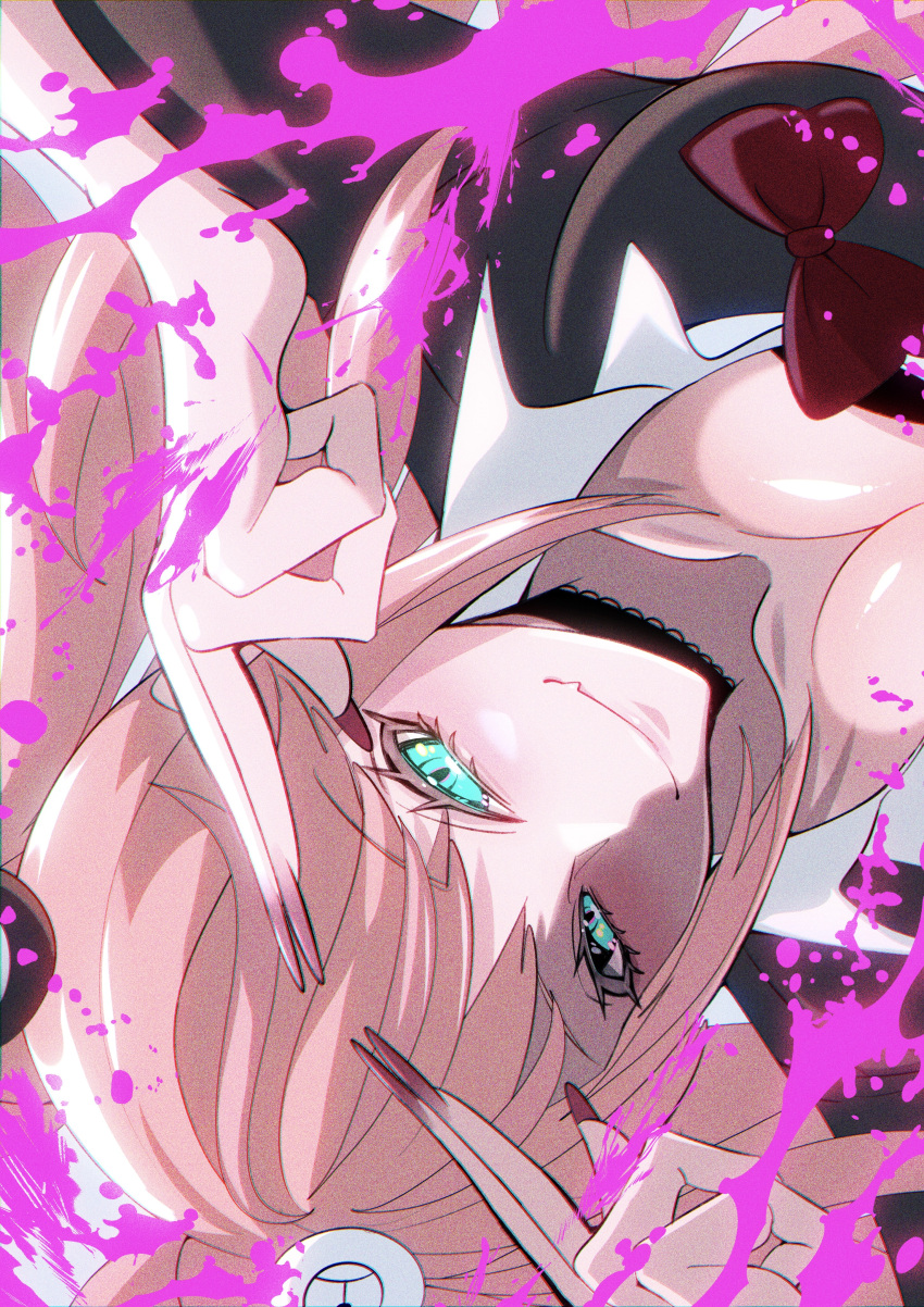 absurdres bear_hair_ornament black_choker black_shirt bow breasts choker cleavage closed_mouth commentary_request danganronpa:_trigger_happy_havoc danganronpa_(series) enoshima_junko female green_eyes hair_ornament highres huyumi77 large_breasts looking_at_viewer nail_polish pink_nails red_bow shiny_skin shirt shirt_bow sideways smile solo twintails