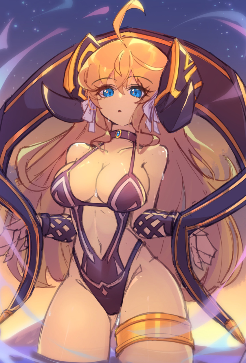 absurdres ahoge alternate_costume bare_shoulders blonde_hair blue_eyes breasts cleavage cowboy_shot dragalia_lost english_commentary fake_horns female frostfiresoul hair_between_eyes highres horns jewelry large_breasts long_hair looking_at_viewer navel solo swimsuit thighlet very_long_hair wet zena_(dragalia_lost)