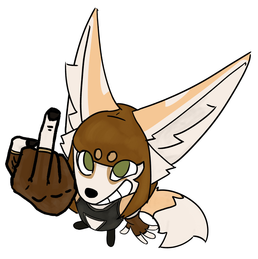 absurd_res anthro aria_maxwell big_ears canid canine clothing dipstick_tail female fennec_fox fingerless_gloves fox gesture gloves green_eyes grin grinning_at_viewer hand_gesture handwear hi_res inner_ear_fluff looking_at_viewer madfuzzer mammal markings middle_finger smile streetwear tail tail_markings techwear true_fox tuft