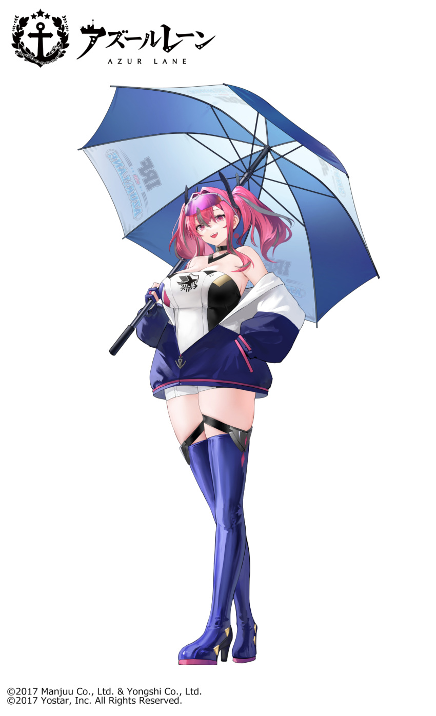 azur_lane bare_shoulders belt_collar blue_thighhighs boots breasts bremerton_(azur_lane) cleavage collar eyewear_on_head female full_body gloves grey_hair hand_in_pocket haori_io high_heels highres holding holding_umbrella jacket long_hair looking_at_viewer multicolored_hair official_art open_clothes open_jacket open_mouth partially_fingerless_gloves pink_eyes pink_hair race_queen simple_background smile standing streaked_hair teeth thigh_boots thighhighs twintails umbrella upper_teeth_only very_long_hair white_background