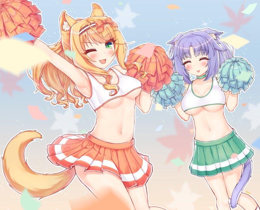 2girls :3 ;d ^_^ absurdres alternate_costume animal_ear_fluff animal_ears arm_up armpits bare_shoulders blurry blush bow breasts cat_ears cat_girl cat_tail cheerleader choker cinnamon_(nekopara) cleavage closed_eyes collarbone commentary_request confetti curly_hair curvy day depth_of_field dutch_angle eyes_visible_through_hair facing_viewer feet_out_of_frame floating_hair floppy_ears frynyan green_choker green_eyes green_skirt hair_ribbon hairband hairbow half_updo hand_up hands_up happy highres holding holding_pom_poms korean_commentary large_breasts long_hair looking_at_viewer maple_(nekopara) medium_breasts miniskirt multiple_girls navel nekopara one_eye_closed open_mouth orange_bow orange_hair orange_skirt outdoors parted_bangs pleated_skirt pom_pom_(cheerleading) purple_hair ribbon sidelocks skirt slit_pupils smile sports_bra standing stomach swept_bangs tail tail_raised underboob v-shaped_eyebrows w_arms white_ribbon