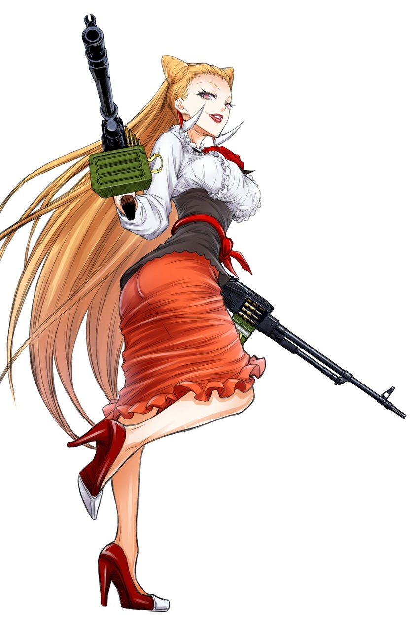 akatsuki_akira blonde_hair blouse commentary_request cone_hair_bun evil_smile female full_body gun hair_bun high_heels highres inou_toshiko juuni_taisen lipstick long_hair looking_at_viewer looking_down machine_gun makeup official_art parted_lips purple_eyes shirt simple_background skirt smile solo very_long_hair weapon white_background