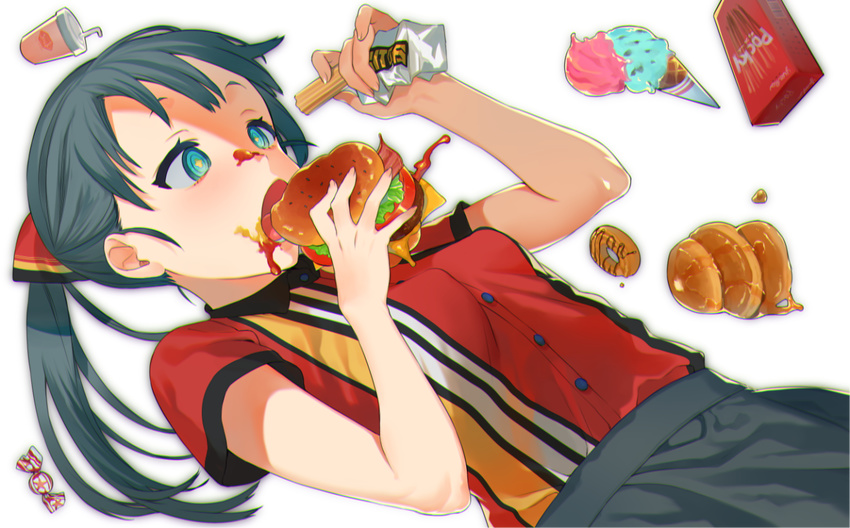 aqua_hair blue_eyes breasts candy doughnut female food food_on_face hamburger ice_cream ketchup long_hair mustard open_mouth original pocky ponytail simple_background solo white_background yzh_chan