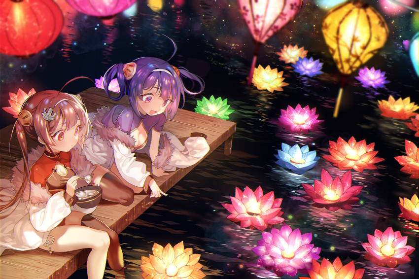 2girls :d afloat ahoge anchor arm_support azur_lane blurry blurry_foreground blush bowl breasts brown_hair brown_thighhighs china_dress chinese_clothes chinese_commentary chopsticks cleavage cleavage_cutout closed_mouth clothing_cutout commentary_request depth_of_field dress dumpling dutch_angle fingernails flower food fur-trimmed_jacket fur_trim hair_between_eyes hair_ornament hair_rings hairband hairpin holding holding_bowl holding_chopsticks jacket lantern lantern_on_liquid light_particles long_hair long_sleeves looking_away lotus lotus_lantern medium_breasts multiple_girls night ning_hai_(azur_lane) off_shoulder open_mouth outdoors paper_lantern pier ping_hai_(azur_lane) pointing puffy_long_sleeves puffy_sleeves purple_dress purple_eyes purple_hair red_dress red_eyes seiza short_sleeves sidelocks single_thighhigh sitting small_breasts smile soaking_feet tangyuan themed_object thighhighs twintails very_long_hair white_hairband white_jacket zuizi