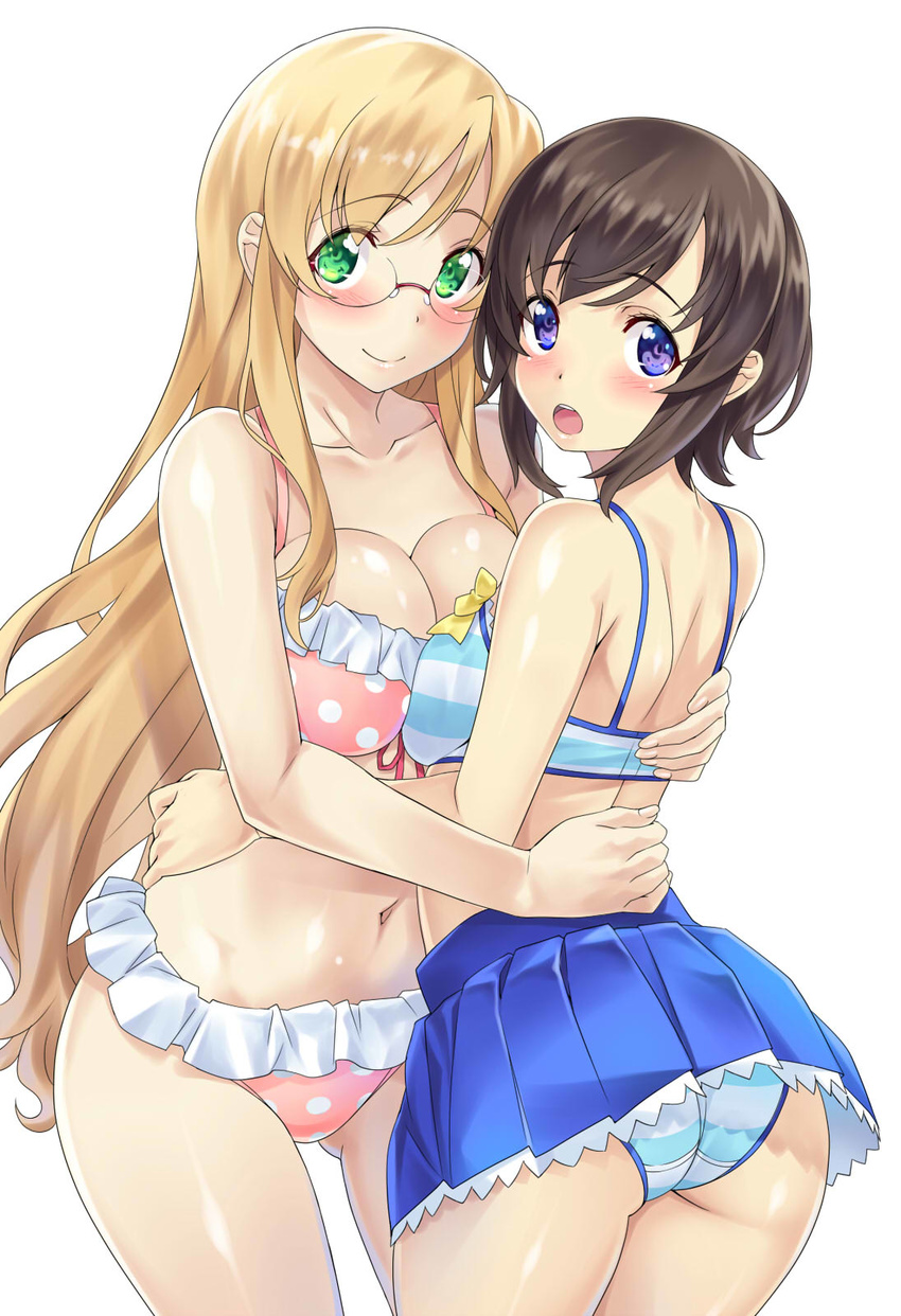 2girls :o ass bare_shoulders bikini blonde_hair blush breast_press breasts brown_hair commentary_request frilled_bikini frills futsuu_no_joshikousei_ga_locodol_yattemita glasses green_eyes highres hug kohinata_yukari long_hair looking_at_viewer multiple_girls nagayori navel open_mouth pleated_skirt polka_dot polka_dot_bikini purple_eyes short_hair simple_background skirt smile striped_bikini striped_clothes swimsuit symmetrical_docking usami_nanako white_background yuri