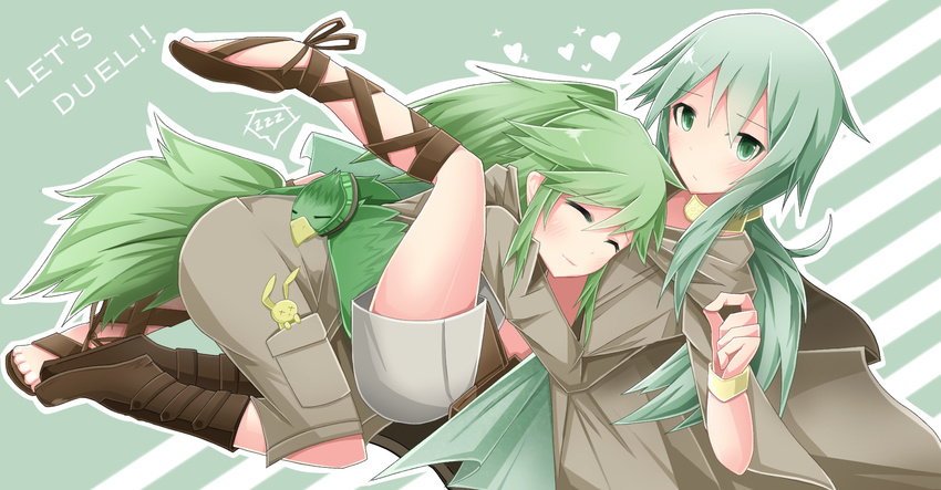 2girls aged_down bird blush boots caam_serenity_of_gusto closed_eyes collar commentary_request duel_monster green_eyes green_hair gusto_gulldo hair_ornament heart highres hug jacket long_hair looking_at_viewer multiple_girls ponytail sakuragi_raia shorts sleeping winda_(yu-gi-oh!) winda_priestess_of_gusto yu-gi-oh! yuri zzz