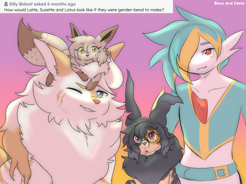 absurd_res arcanine azoth_(macchiato_fox) beard belt buns_and_foxes eevee eeveelution english_text eyewear facial_hair female feral fluffy fur gallade generation_1_pokemon generation_4_pokemon glasses gradient_background hair hi_res humanoid latte_(macchiato_fox) leafeon long_ears long_hair lotus_(macchiato_fox) male multicolored_body multicolored_fur nintendo pokemon pokemon_(species) purple_eyes red_eyes rule_63 simple_background stripes suzette_(macchiato_fox) text yellow_eyes