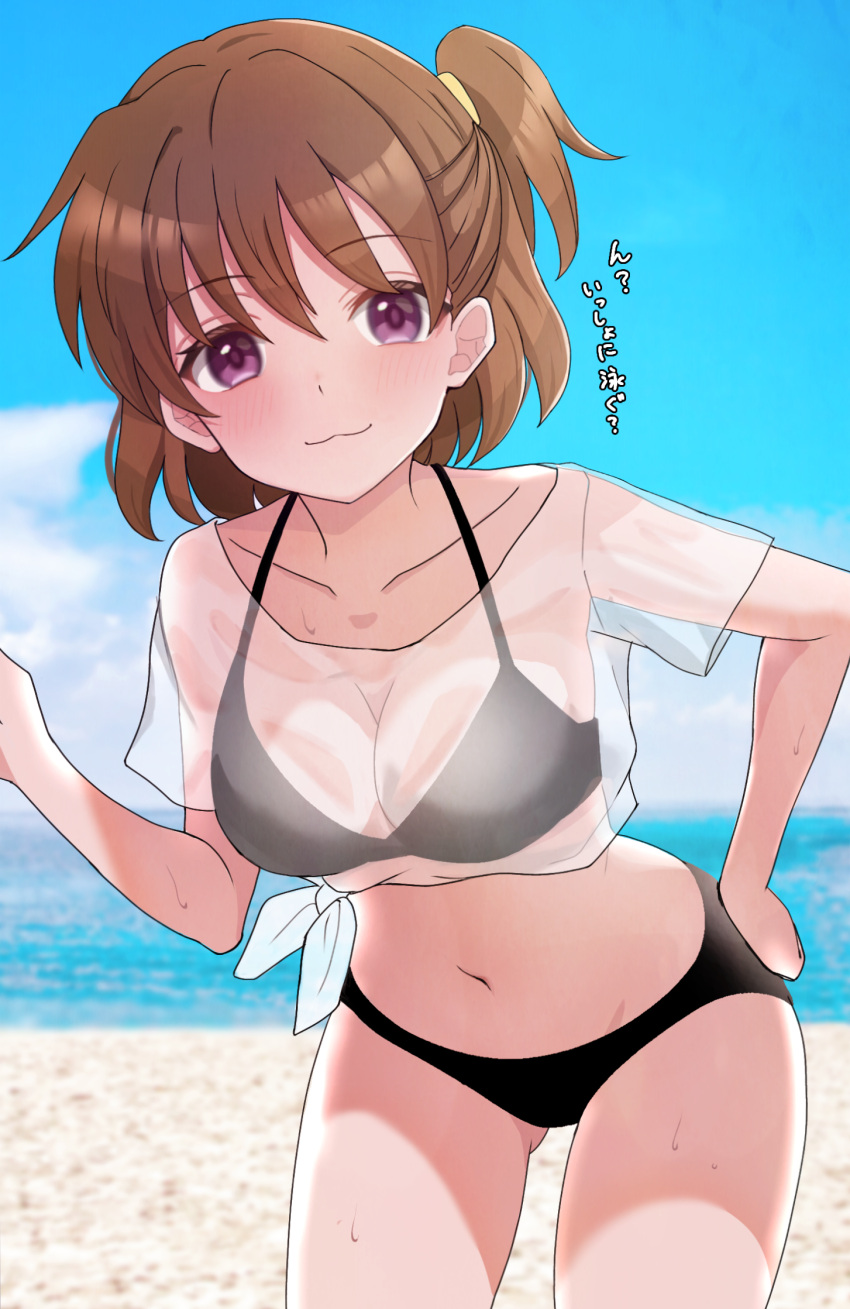 :3 akasaka_miyuki ass_visible_through_thighs beach bikini black_bikini blue_sky blush breasts brown_hair cleavage closed_mouth collarbone commentary_request cowboy_shot day female hair_between_eyes halterneck hand_on_own_hip hand_up highres higurashi_no_naku_koro_ni higurashi_no_naku_koro_ni_mei hood hood_up large_breasts leaning_forward looking_at_viewer medium_hair navel one_side_up outdoors purple_eyes see-through see-through_shirt shirt short_sleeves sky smile solo sweat swimsuit translation_request white_shirt yuno_ff