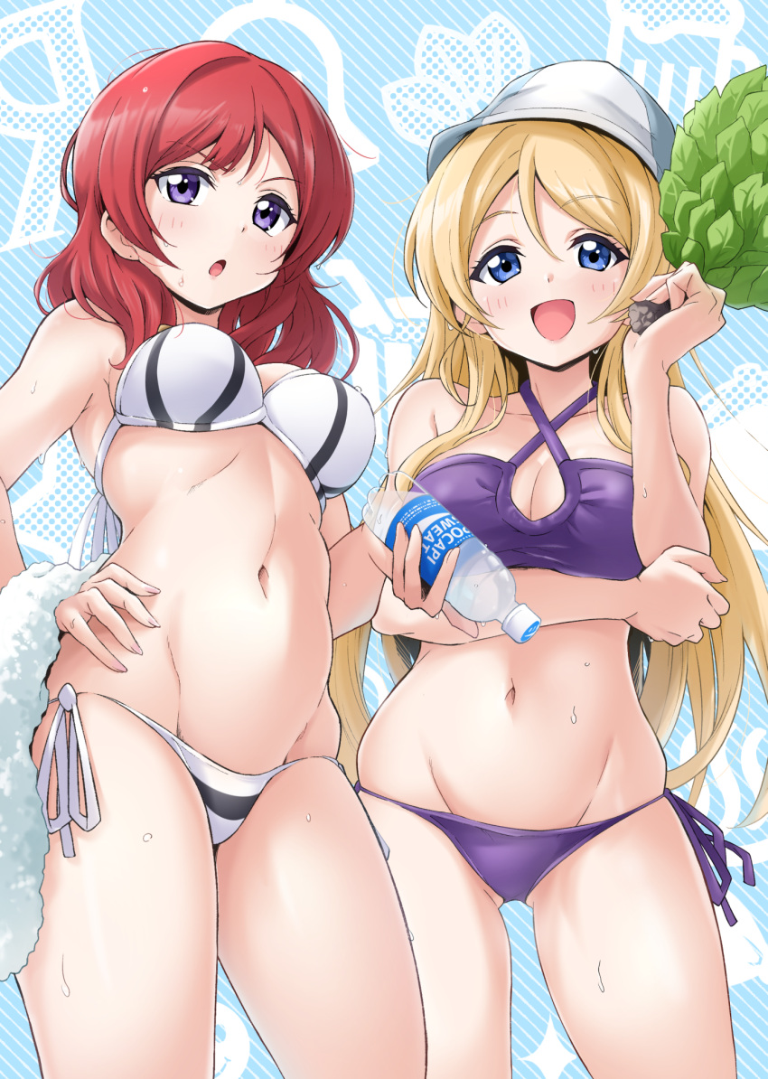 2girls ayase_eli bikini blonde_hair blue_eyes bottle breasts hand_on_own_hip highres kirisaki_reina long_hair looking_at_viewer love_live! medium_breasts multiple_girls navel nishikino_maki open_mouth pocari_sweat purple_eyes red_hair short_hair side-tie_bikini_bottom skindentation smile standing sweat swimsuit towel white_bikini