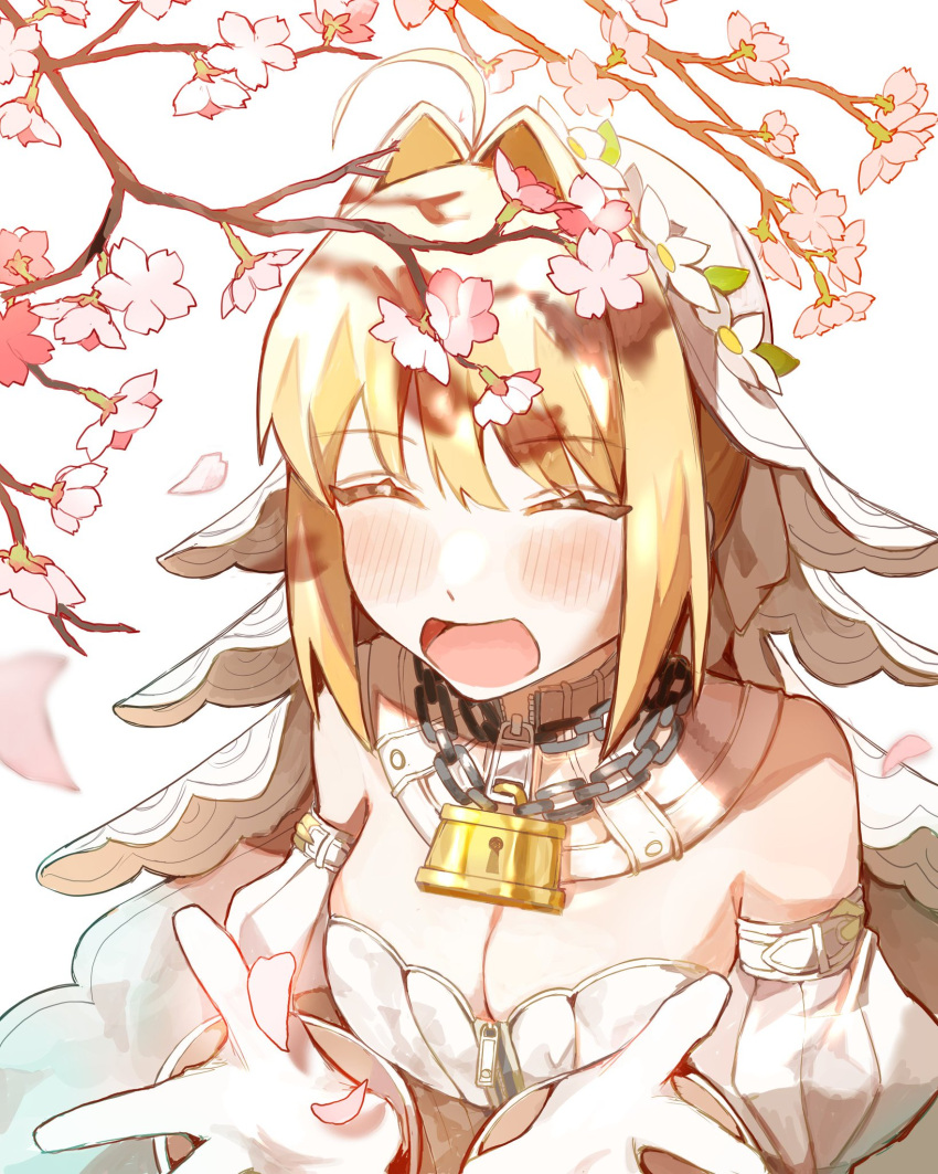 ahoge blonde_hair blush breasts bridal_veil chains cherry_blossoms cleavage closed_eyes dress falling_petals fate/extra fate/grand_order fate_(series) female gloves hair_intakes highres large_breasts lock nero_claudius_(bride)_(fate) nero_claudius_(fate) onigiri_lll open_mouth petals smile solo upper_body veil wedding_dress white_background white_dress white_gloves white_veil