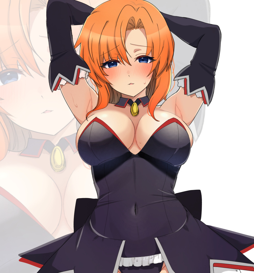 alternate_costume angel_mort armpits arms_behind_head arms_up bare_shoulders black_dress blue_eyes blush breasts breasts_apart commentary_request covered_navel cowboy_shot curvy detached_collar detached_sleeves dress enmaided eyelashes eyes_visible_through_hair female hair_over_shoulder highres higurashi_no_naku_koro_ni large_breasts looking_at_viewer maid medium_hair orange_hair parted_bangs parted_lips raised_eyebrows ryuuguu_rena simple_background solo straight-on straight_hair strapless strapless_dress sweat tsurime white_background yuno_ff zoom_layer