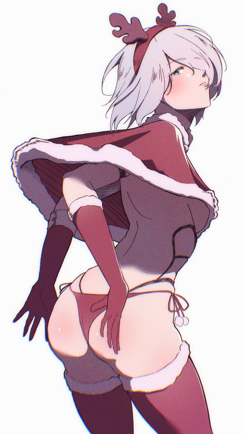 a2_(nier:automata) absurdres arms_up ass blue_eyes blush breasts cape christmas detached_sleeves female highres kamitsune28rita light_blush looking_at_viewer medium_breasts nier:automata nier_(series) out_of_frame panties red_cape red_thighhighs side-tie_panties sideboob simple_background thighhighs thighs underwear white_background