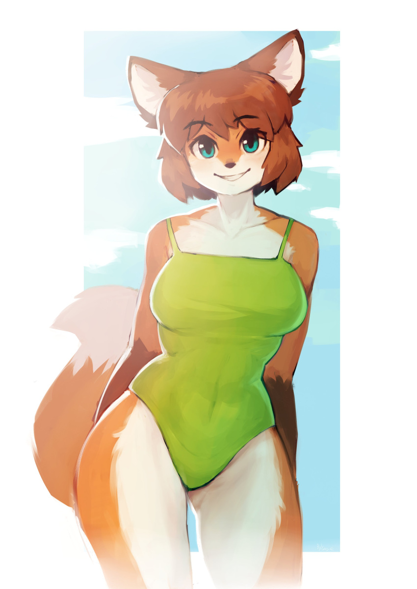 2024 absurd_res anthro breasts canid canine clothed clothing color_fox digital_media_(artwork) dipstick_tail female female_anthro fox fur gloves_(marking) hair hi_res looking_at_viewer mammal markings multicolored_body multicolored_fur one-piece_swimsuit portrait short_hair smile smiling_at_viewer solo swimwear tail tail_markings three-quarter_portrait