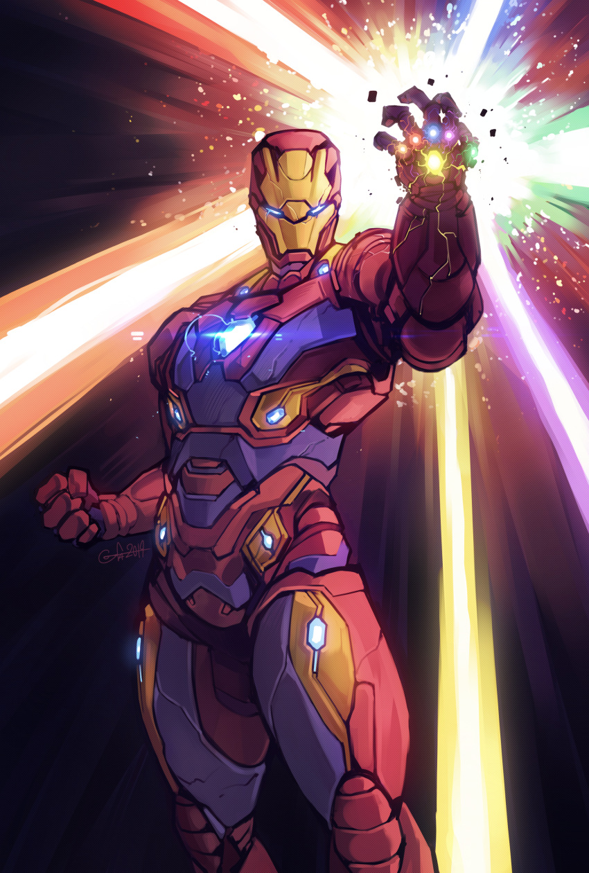 1boy absurdres arm_up armor avengers:_endgame avengers_(series) bad_id bad_pixiv_id bodysuit crack energy exoskeleton glowing glowing_eyes gofa hand_up helmet highres infinity_gauntlet iron_man male_focus marvel marvel_cinematic_universe neon_trim power_armor solo spoilers superhero_costume tony_stark