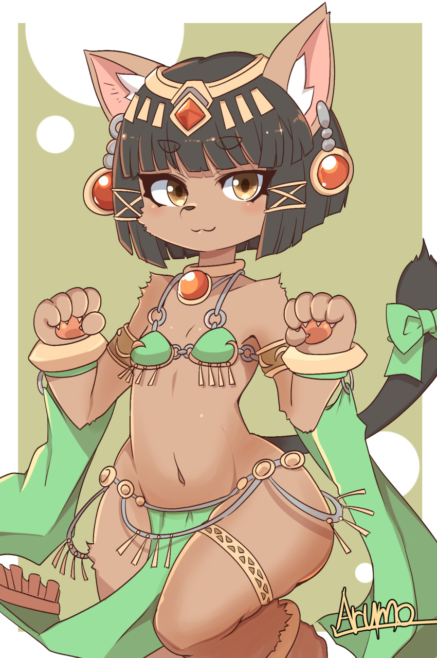 :3 animal_ear_fluff animal_ears artist_name bastet_(fullbokko_heroes) bikini bikini_top_only black_hair blush body_fur bow brown_eyes brown_fur cat_ears cat_girl cat_tail claws commentary cowboy_shot earrings female fullbokko_heroes furry furry_female highres jewelry leg_up looking_to_the_side midriff navel paw_pose pawpads pelvic_curtain ryuusui_arumo short_hair simple_background snout solo swimsuit tail tail_bow tail_ornament