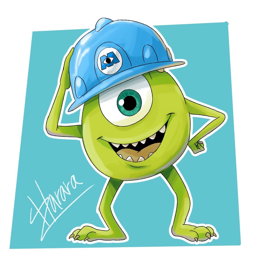 1_eye 2018 3_toes armor blue_background claws clothing disney feet green_body green_eyes harara hard_hat hat hat_only headgear headgear_only headwear headwear_only helmet looking_at_viewer mike_wazowski monster monsters_inc mostly_nude open_mouth open_smile outline pixar signature simple_background smile solo standing toe_claws toes