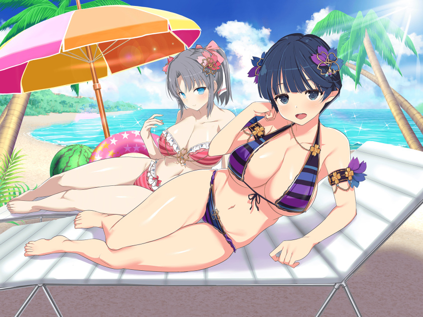 2girls armlet armpit_crease bare_legs bare_shoulders barefoot beach beach_chair beach_umbrella bikini black_bikini blue_bikini blue_eyes blue_flower blue_hair blue_sky blunt_bangs blush bow bow_bikini bowl_cut breasts chain_around_arm chains chair cleavage cliff cloud cloudy_sky collarbone commentary day fern flower food frilled_bikini frills fruit grey_hair groin hair_flower hair_ornament hairbow halterneck highres horizon innertube jewelry large_breasts light_particles linea_alba looking_at_viewer lounge_chair lying micro_bikini multicolored_bikini multicolored_clothes multicolored_umbrella multiple_girls navel ocean official_alternate_costume official_alternate_hairstyle official_art on_side open_mouth orange_umbrella outdoors palm_leaf palm_tree pink_bikini pink_bow pink_flower pink_innertube pink_umbrella purple_bikini purple_flower ribbon sand senran_kagura senran_kagura_new_link senran_kagura_shinovi_versus shiny_skin short_hair sky smile star_(symbol) star_print stomach strapless strapless_bikini striped_bikini striped_bow striped_clothes sunlight swim_ring swimsuit teeth thigh_gap thighs toes tongue tree umbrella underboob upper_teeth_only water watermelon waves white_bow yaegashi_nan yellow_umbrella yozakura_(senran_kagura) yumi_(senran_kagura)