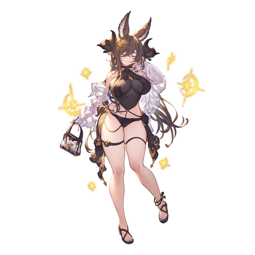 alpha_transparency animal_ears bag bikini black_bikini blue_hair blue_nails breasts brown_hair closed_eyes closed_mouth extra_ears female full_body galleon_(granblue_fantasy) galleon_(summer)_(granblue_fantasy) granblue_fantasy hair_between_eyes handbag horns large_breasts long_hair minaba_hideo multicolored_hair official_alternate_costume official_art pointy_ears smile solo streaked_hair swimsuit transparent_background