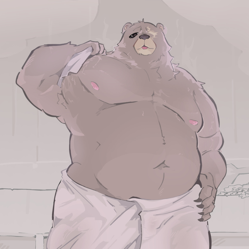 absurd_res anthro bear ben_bigger denks hi_res male mammal mihoyo sauna slightly_chubby slightly_chubby_male solo towel zenless_zone_zero