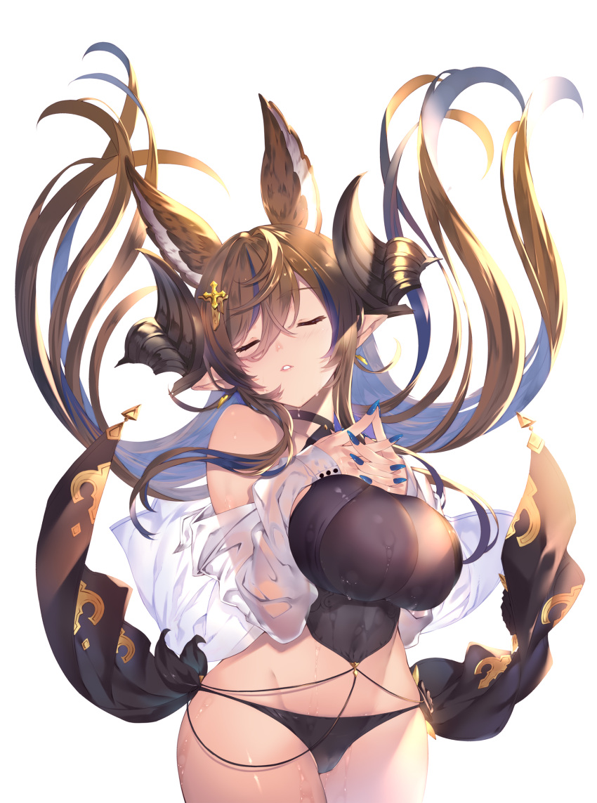 absurdres animal_ears bare_shoulders bikini black_bikini breasts brown_hair closed_eyes extra_ears female galleon_(granblue_fantasy) galleon_(summer)_(granblue_fantasy) granblue_fantasy highres horns large_breasts long_hair long_sleeves multicolored_hair navel off_shoulder open_clothes pointy_ears shirt solo streaked_hair swimsuit tachibana_yuu white_shirt