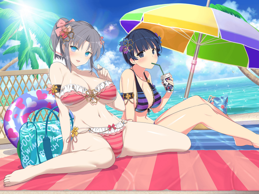 2girls armlet armpit_crease bag bare_arms bare_legs bare_shoulders barefoot beach beach_towel beach_umbrella bendy_straw bikini black_bikini blue_bikini blue_eyes blue_flower blue_gemstone blue_hair blue_sky blunt_bangs blush bow bow_bikini bowl_cut breasts can chain_around_arm chains chair cleavage cliff cloud cloudy_sky collarbone commentary cup day drink drink_can drinking drinking_straw english_commentary fence flower food frilled_bikini frills fruit gem gold green_umbrella grey_hair groin hair_flower hair_ornament hairbow halterneck heart heart_print highres holding holding_drink holding_own_hair horizon innertube jewelry large_breasts lens_flare light_particles linea_alba looking_at_viewer lounge_chair lying multicolored_bikini multicolored_clothes multicolored_umbrella multiple_girls navel necklace ocean official_alternate_costume official_alternate_hairstyle official_art on_side open_mouth orange_umbrella outdoors palm_leaf palm_tree pink_bikini pink_bow pink_flower purple_bikini purple_flower purple_innertube sand senran_kagura senran_kagura_new_link senran_kagura_shinovi_versus shiny_skin short_hair sidelocks sitting sky smile soda_can stomach strapless strapless_bikini striped_bikini striped_bow striped_clothes sun sunlight swim_ring swimsuit teeth thighs third-party_source tongue towel tree umbrella underboob upper_teeth_only wariza water watermelon waves white_bow wooden_fence yaegashi_nan yellow_umbrella yozakura_(senran_kagura) yumi_(senran_kagura)