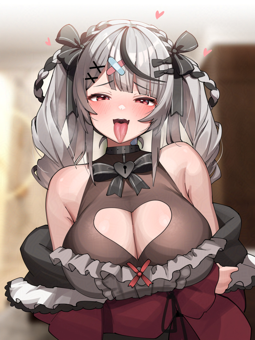 ayagi_daifuku bare_shoulders black_choker black_hair black_ribbon black_shirt blush braided_hair_rings breasts center_frills choker cleavage cleavage_cutout clothing_cutout commentary_request female frilled_shirt frills grey_hair hair_ribbon heart_cutout highres hololive huge_breasts jacket long_hair long_tongue looking_at_viewer multicolored_hair oerba_yun_fang open_mouth pink_eyes red_jacket ribbon sakamata_chloe sakamata_chloe_(jirai_kei) shirt skin_fang smile solo teeth tongue tongue_out twintails two-tone_hair upper_body upper_teeth_only virtual_youtuber white_shirt