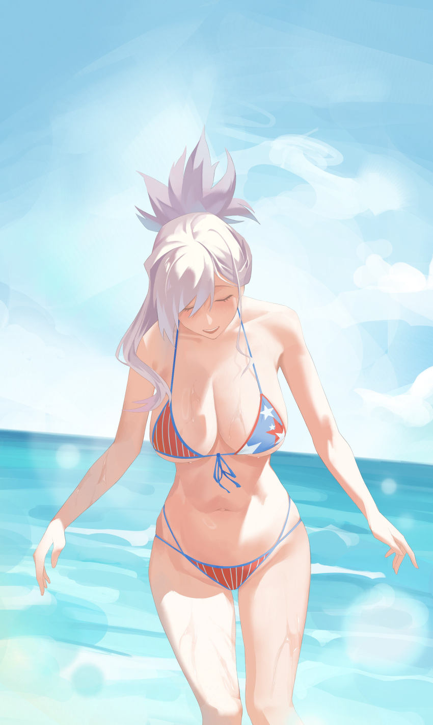 absurdres american_flag american_flag_bikini american_flag_print bare_shoulders beach bikini blue_sky breasts cleavage closed_eyes collarbone fate/grand_order fate_(series) female flag_print fromgod_jungle highres large_breasts long_hair miyamoto_musashi_(fate) miyamoto_musashi_(swimsuit_berserker)_(fate) miyamoto_musashi_(swimsuit_berserker)_(second_ascension)_(fate) navel ocean pink_hair ponytail print_bikini sky smile solo swept_bangs swimsuit thighs