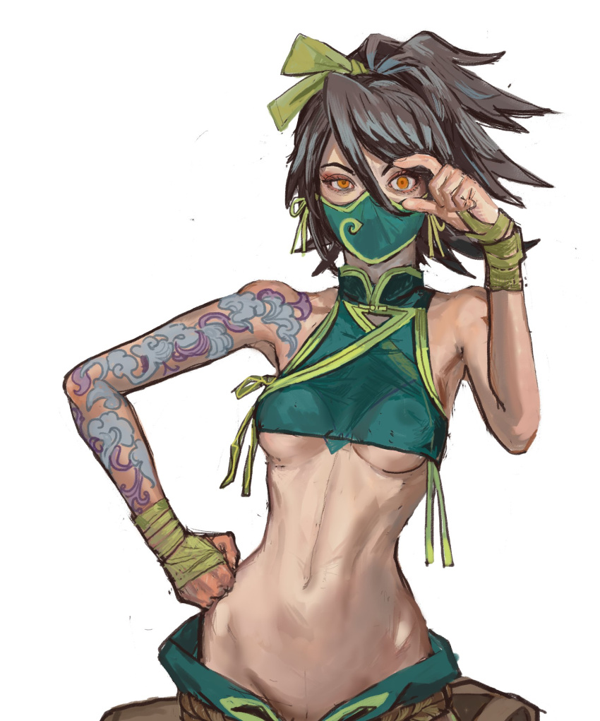 akali arm_tattoo bare_shoulders black_hair breasts cloud_tattoo cowboy_shot crop_top female green_mask green_shirt grey_background groin hair_between_eyes hand_up highres league_of_legends mask medium_breasts mossacannibalis mouth_mask navel orange_eyes ponytail shirt simple_background solo tattoo