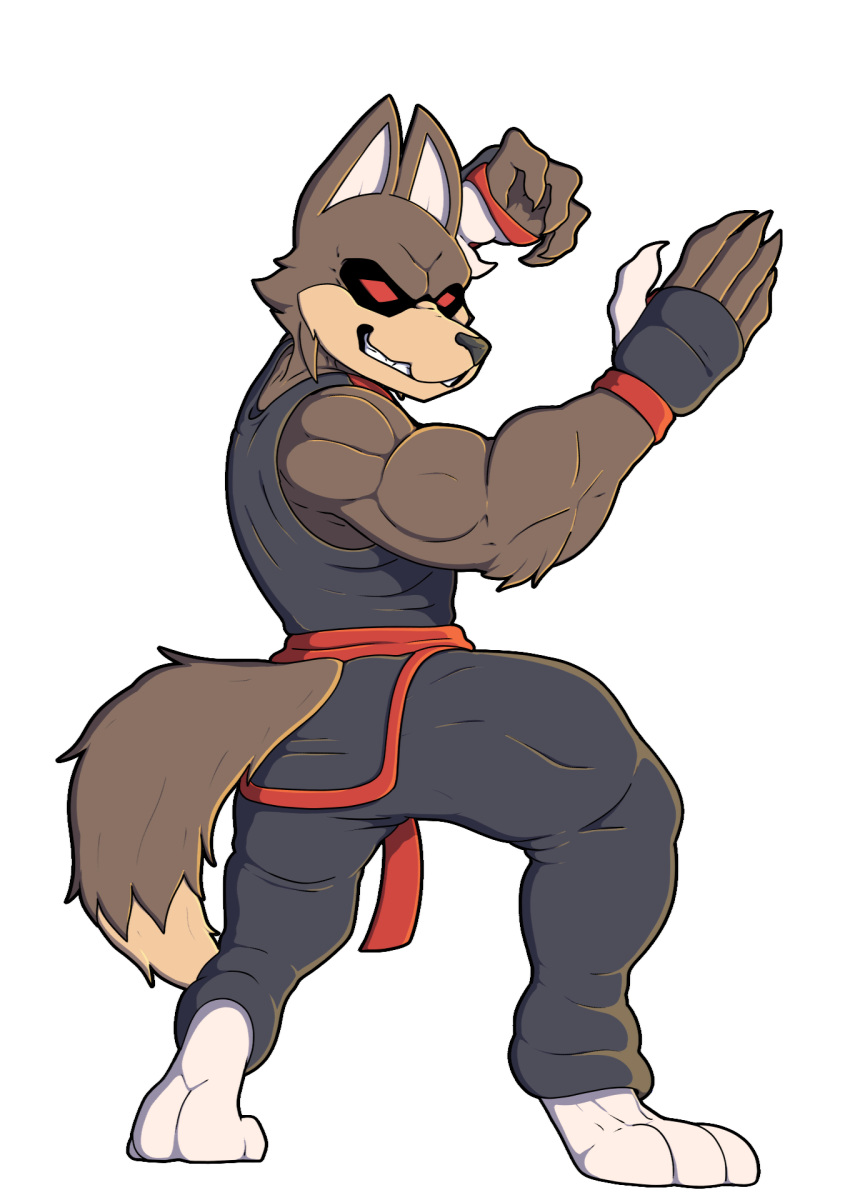 anthro black_sclera brutal_paws_of_fury canid canine canis claws coyote grin hi_res hindpaw kendo_coyote male mammal martial_arts_uniform meatboom muscular muscular_male paws pose red_eyes smile solo sportswear