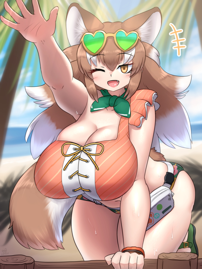 animal_ear_fluff bag beach bikini bow breasts cleavage cloud cloudy_sky curvy eyewear_on_head female fence green_bow green_footwear handbag highres huge_breasts japanese_wolf_(kemono_friends) kemono_friends kemono_friends_3 light_brown_hair long_hair mo23 multicolored_hair ocean oerba_yun_fang one_eye_closed orange_bikini outstretched_hand palm_tree sky solo sunglasses swimsuit tail thick_thighs thighs tree two-tone_hair white_hair wolf_girl wolf_tail wooden_fence