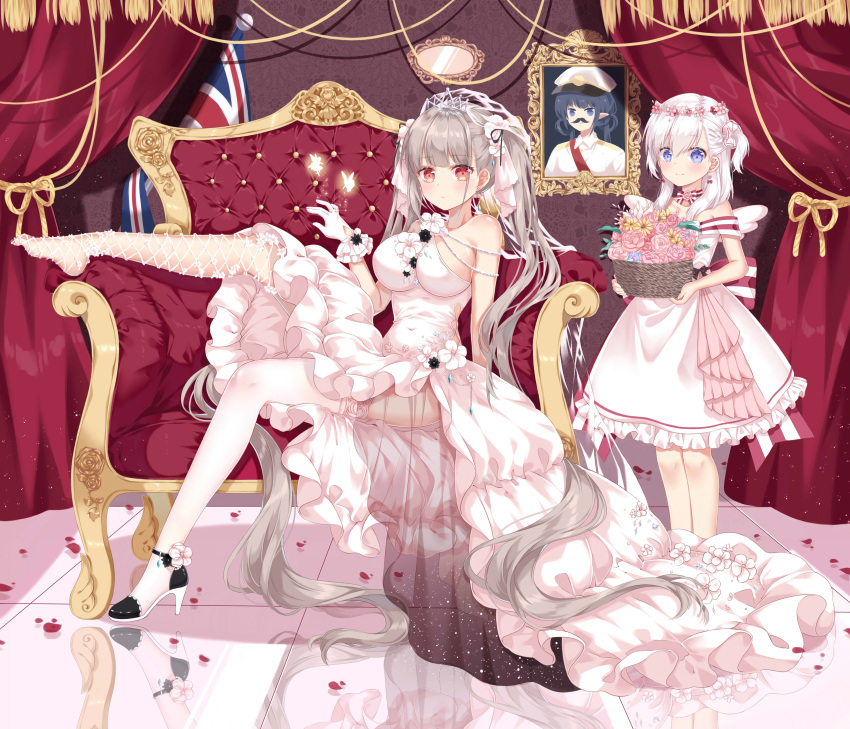 2girls absurdres asymmetrical_legwear azur_lane bare_shoulders basket blunt_bangs blush breasts choker cleavage commentary_request couch covered_navel curtains dress earrings fake_wings fishnet_legwear fishnets flag flower_basket flower_wreath formidable_(azur_lane) frilled_dress frills full_body gloves grey_hair hair_between_eyes hair_ribbon high_heels highres holding holding_basket indoors jewelry large_breasts leg_up little_bel_(azur_lane) long_dress long_hair looking_at_viewer mismatched_legwear multiple_girls one_side_up photo_(object) portrait_(object) red_eyes reflection ribbon ribbon_choker sidelocks sitting sleeveless sleeveless_dress smile thighhighs tiara tile_floor tiles twintails union_jack very_long_hair wedding_dress white_dress white_footwear white_gloves white_ribbon white_thighhighs wings yozora_(33968397)