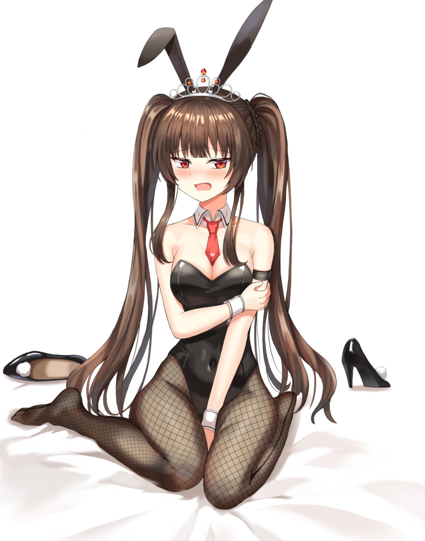 ahoge animal_ears black_footwear black_leotard black_pantyhose breasts brown_hair cleavage detached_collar doggo34476335 embarrassed fake_animal_ears female fishnet_pantyhose fishnets high_heels highres leotard lily_bloomerchen long_hair looking_at_viewer medium_breasts necktie pantyhose playboy_bunny rabbit_ears red_eyes red_necktie shoes sidelocks simple_background sitting solo soulworker strapless strapless_leotard tiara twintails unworn_shoes very_long_hair wariza white_background wrist_cuffs