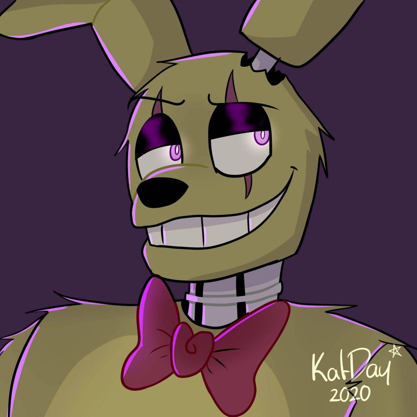 1:1 2020 animatronic anthro black_nose bow_tie bust_portrait close-up five_nights_at_freddy's five_nights_at_freddy's_3 fur half-closed_eyes katdaykatz lagomorph leporid long_ears looking_aside looking_away machine male mammal multicolored_body multicolored_fur narrowed_eyes portrait purple_background purple_eyes rabbit robot scar scottgames simple_background smile smug solo springtrap_(fnaf) tan_body tan_ears tan_fur teeth two_tone_body two_tone_fur