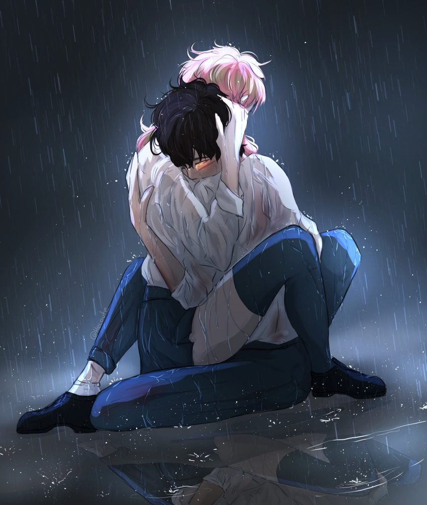 1boy artist_name black_footwear black_hair blue_legwear blue_pants cuts female glowing glowing_eye hand_on_another's_head hecoute highres hug injury john_(unordinary) outdoors pants pink_hair rain reflection school_uniform seraphina_(unordinary) shirt short_hair skirt straight thighhighs unordinary wet white_shirt yellow_eyes