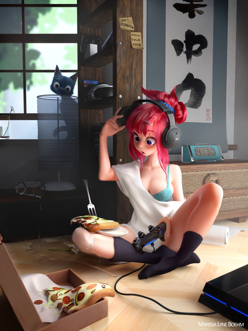 3d absurdres artist_name black_cat black_socks blue_bra blue_eyes bra breasts cleavage clock commentary controller derivative_work drawer english_commentary feline female flower food fork game_console game_controller hair_bun hair_ornament hairclip headphones highres indoors large_breasts long_hair marissa_lyne_boehm md5_mismatch off-shoulder_shirt off_shoulder open_mouth original paper_towel partially_immersed pepperoni photoshop_(medium) pink_hair pizza resolution_mismatch shelf shirt single_hair_bun sitting socks solo source_larger underwear white_flower white_shirt window