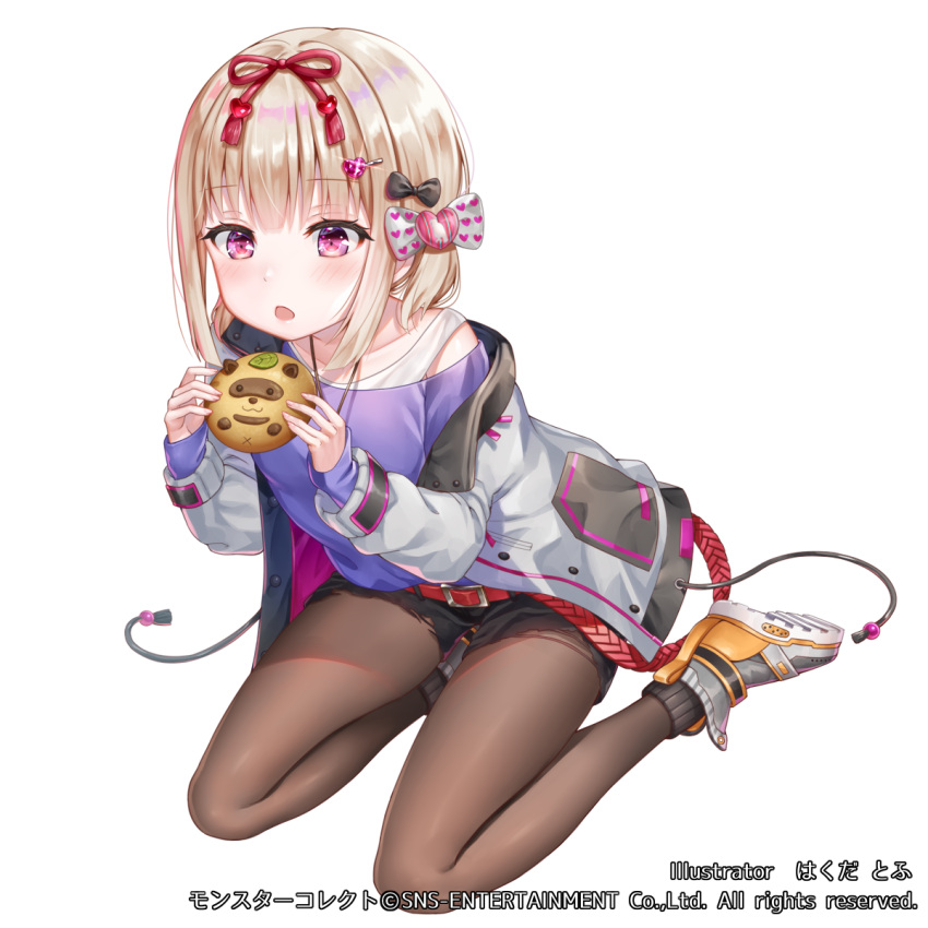 baozi belt black_bow black_pantyhose blonde_hair blush bob_cut bow chocolate chocolate_bread female food hair_ornament hair_ribbon hairbow hairclip hakuda_tofu highres holding holding_food jacket jewelry long_sleeves monster_collect necklace off_shoulder official_art open_mouth pantyhose pink_eyes purple_shirt red_belt red_ribbon ribbon shirt shoes short_shorts shorts sitting smile sneakers solo tokugawa_ieyasu_(monster_collect) watermark white_bow white_jacket yokozuwari