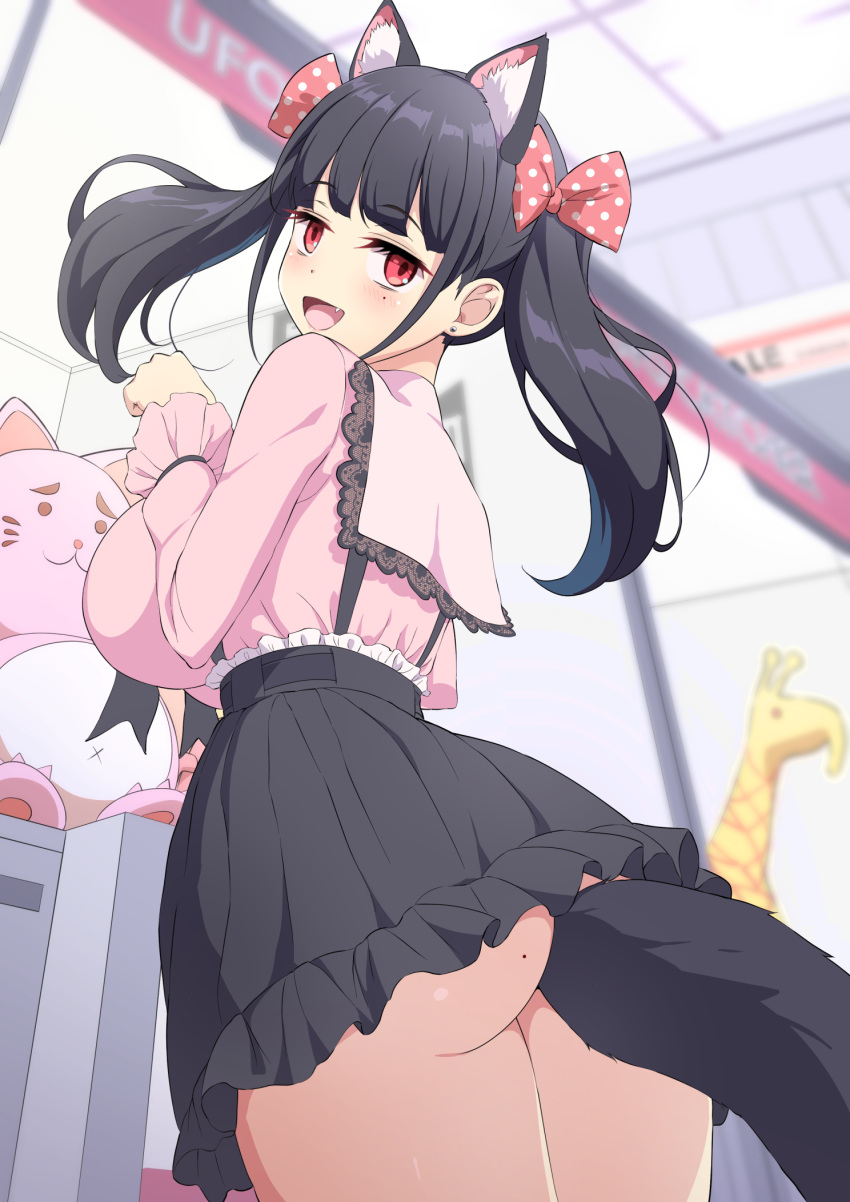 :d anal_tail animal_ear_fluff animal_ears black_hair black_skirt blunt_bangs blurry blurry_background blush bow breasts cat_ears commentary_request crane_game fake_tail female hairbow highres jirai_kei large_breasts long_hair long_sleeves looking_at_viewer mole mole_on_ass mole_under_eye oerba_yun_fang open_mouth original paid_reward_available paw_pose pink_shirt pleated_skirt polka_dot polka_dot_bow red_eyes sakamata_(sakamata4) shirt skirt smile solo standing tail thighs twintails variant_set