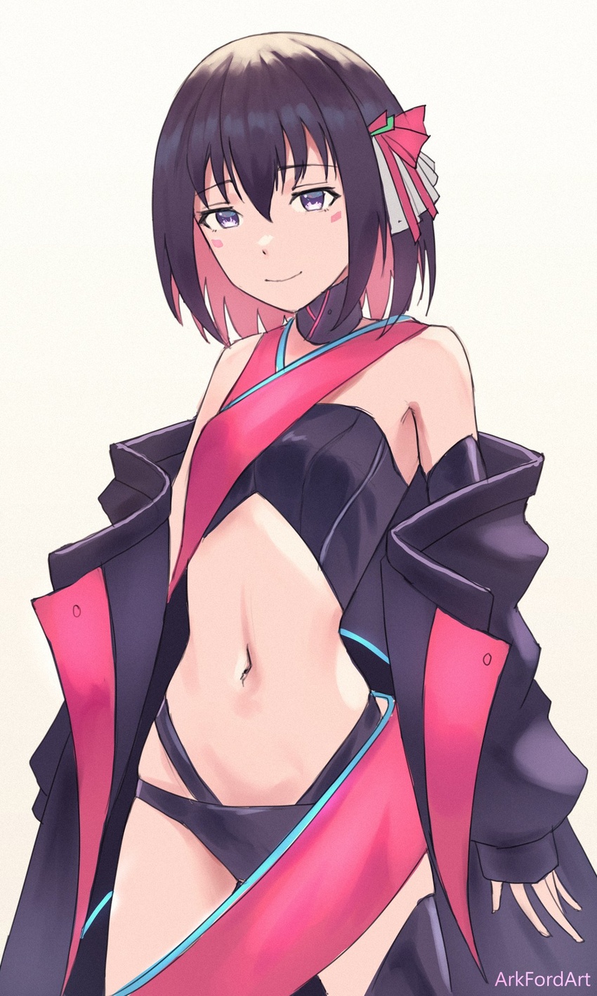 adapted_costume ark_ford artist_name azki_(1st_costume)_(hololive) azki_(2nd_costume)_(hololive) azki_(3rd_costume)_(hololive) azki_(hololive) bare_shoulders black_coat black_hair breasts coat colored_inner_hair commentary english_commentary female hair_ornament highleg highres hololive looking_at_viewer midriff multicolored_hair navel pink_hair purple_eyes revealing_clothes self_borrowed_hairstyle small_breasts solo standing stomach virtual_youtuber