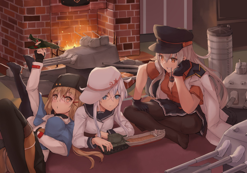 3girls aircraft airplane black_footwear black_gloves black_headwear black_pantyhose black_sailor_collar black_skirt black_thighhighs blue_eyes blue_shawl boots brown_eyes brown_hair collared_shirt commentary country_connection fingerless_gloves fur_hat gangut_(kancolle) gangut_dva_(kancolle) gloves grin hair_between_eyes hair_ornament hairclip hammer_and_sickle hat hibiki_(kancolle) highres jacket jacket_on_shoulders k_jie kantai_collection kv-2 lagg-3 long_hair low_twintails machinery military military_vehicle motor_vehicle multiple_girls orange_eyes pantyhose papakha peaked_cap pipe_in_mouth pleated_skirt red_shirt rigging sailor_collar sailor_shirt scarf shawl shirt short_sleeves skirt smile smokestack smoking_pipe symbol-only_commentary tank tashkent_(kancolle) thigh_boots thighhighs torn_clothes torn_scarf turret twintails verniy_(kancolle) white_hair white_headwear white_jacket white_scarf white_shirt