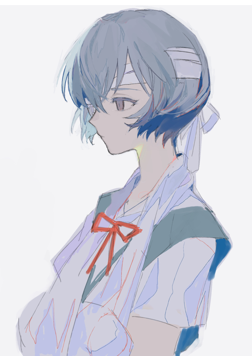 arm_sling ayanami_rei bandage_over_one_eye bandaged_head bandages blue_dress blue_hair closed_mouth commentary_request dress expressionless female grey_background highres neck_ribbon neon_genesis_evangelion nima_(nimamann) partial_commentary pinafore_dress profile purple_eyes red_ribbon ribbon school_uniform shirt short_hair short_sleeves simple_background sleeveless sleeveless_dress solo upper_body white_shirt