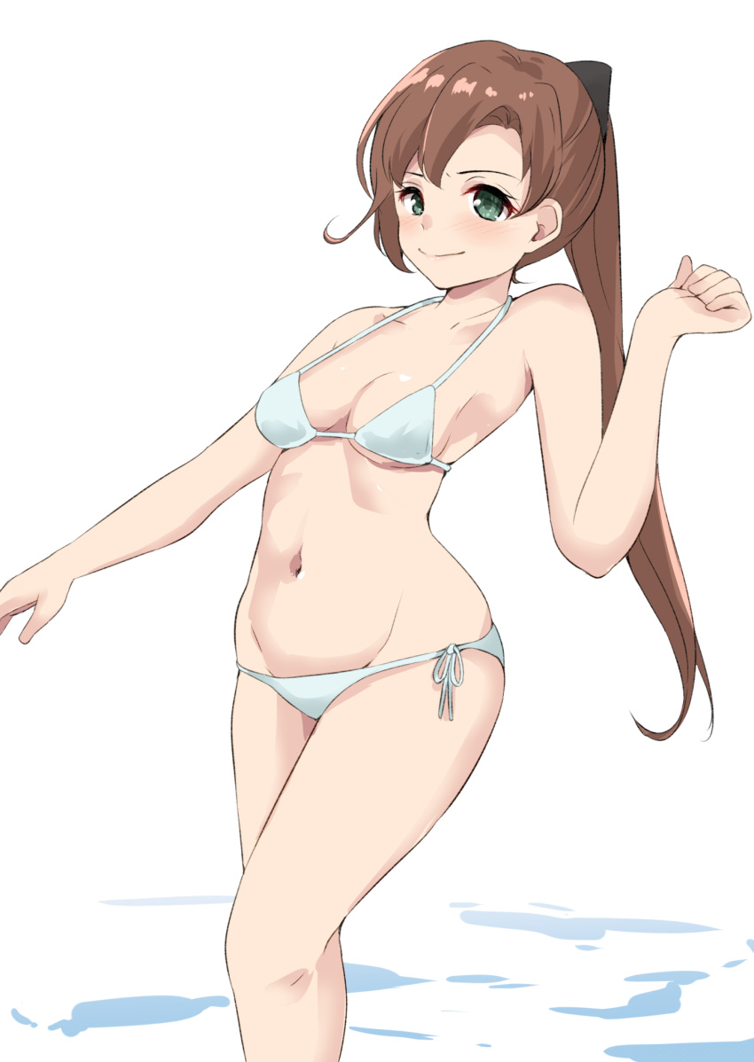 akigumo_(kancolle) bikini breasts brown_hair cleavage commentary_request cowboy_shot female green_eyes hair_ribbon halterneck highres kamikitayotsuba kantai_collection long_hair looking_at_viewer medium_breasts ponytail ribbon side-tie_bikini_bottom simple_background solo string_bikini swimsuit white_background white_bikini